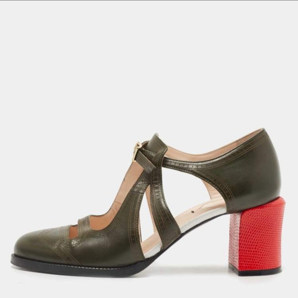 Fendi Calfskin Chameleon Block Heel Pumps 38 Green Red